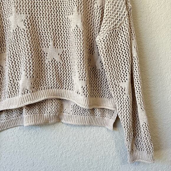 MABLE Sweater Beige Stars Crochet Knit Pullover Relaxed Hi-Lo Boho - Picture 4 of 9